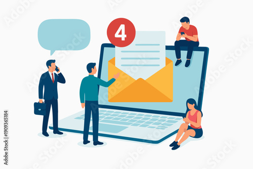 A vector graphic illustration of people interacting with a large laptop and email notification