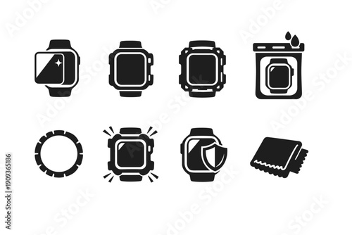Smartwatch screen protector icons set for wearable tech care and maintenance