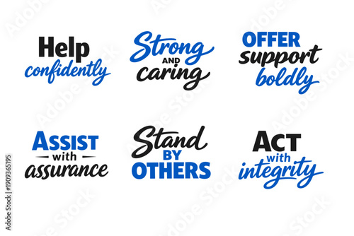 Inspirational phrases on helping and support in bold blue and black fonts