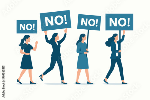 Four businesswomen protesting with no signs in a united stance