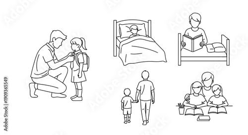 Family life: father helping child with backpack, bedtime story, reading, walking together