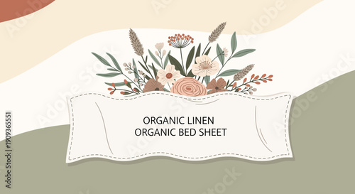 Organic Linen Bed Sheet with Botanical Floral Illustration