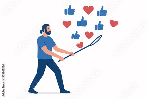A cartoon man harvesting social media likes and hearts with a tool