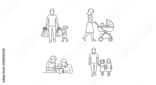 Family Life Icons: Parents and Children in Various Daily Activities