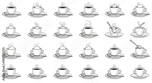 Collection of Hand-Drawn Coffee Cups and Saucers with Steam, Sketch Style