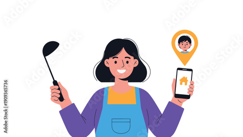 Smiling mother holding a soup ladle while checking a smartphone app that shows her son location at home on a map icon.