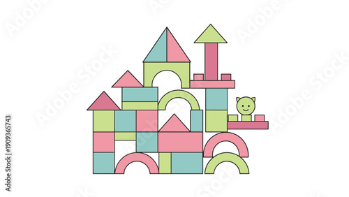 Colorful toy building blocks stacked together to form a castle structure with towers and arches on a white background.