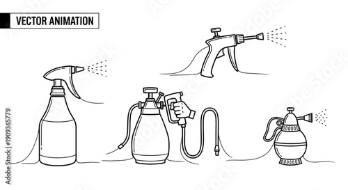 Collection of Hand-Drawn Spray Bottles and Sprayers with Mist Effect