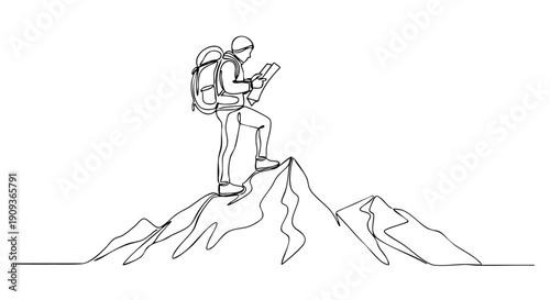 Abstract Continuous Single Line Art of a Mountain Landscape with a Rising Sun Symbol