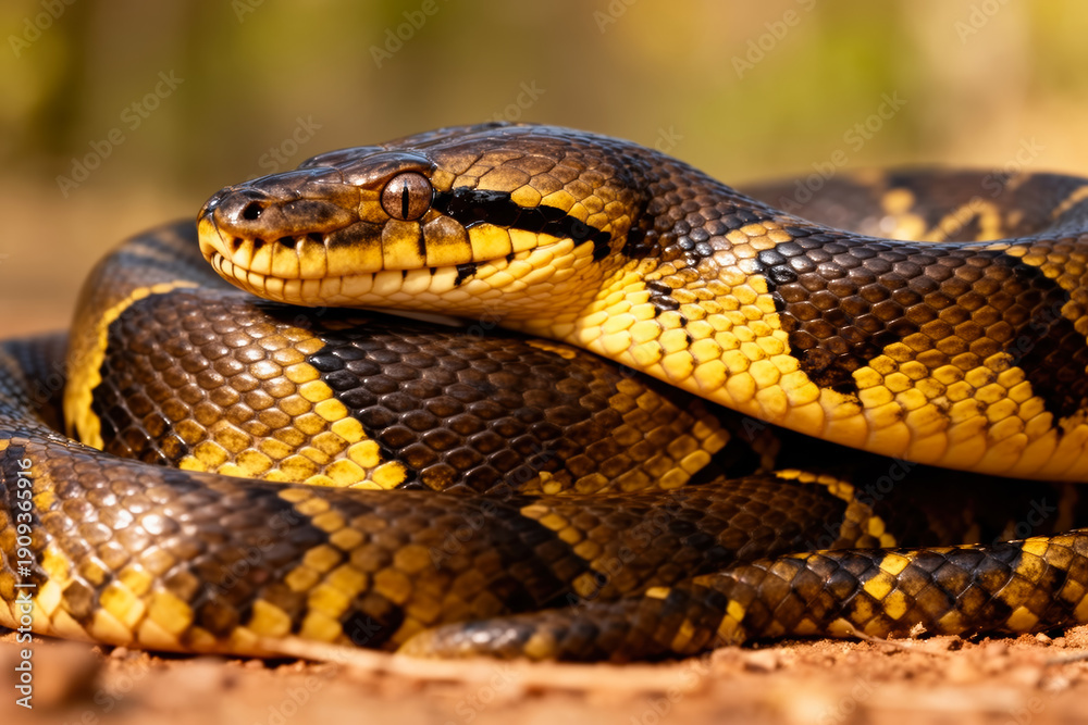 Fototapeta premium Majestic Indian rock python coiled on earthy ground, vivid yellow-black stripes, fierce gaze, natural habitat, raw power