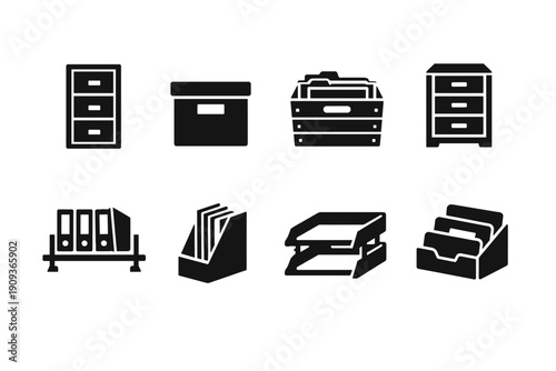 Office storage icons set: cabinets, boxes, trays, and more for effective organization