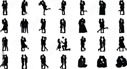 Couple Love Romance Silhouette Set Collection Kiss Hug Proposal Dance Relationship Romantic People Man Woman Dating Wedding Engagement Vector Illustration