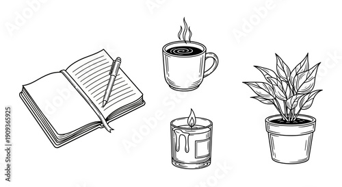 Cozy Home Corner: Open Notebook, Pen, Hot Coffee Mug, Lit Candle, Potted Plant - Relaxing Lifestyle