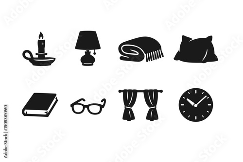 Cozy home essentials: lamp, blanket, pillow, book, glasses, curtains, clock, candle