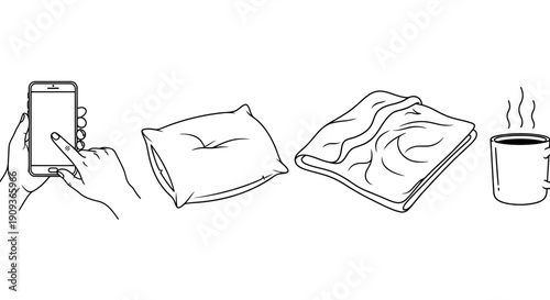 Cozy Night In: Phone, Pillow, Blanket, Hot Drink - Relaxation and Comfort