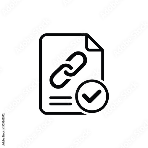 Black and white vector icon of approved code dependency link document for programming and artificial intelligence projects