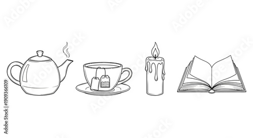Cozy Reading Time: Tea, Candle, and Open Book Illustration