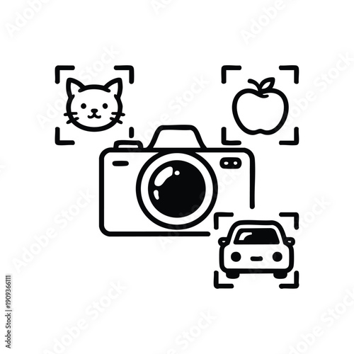 Black and white vector icon of AI image recognition camera detecting cat car and apple for programming and artificial intelligence