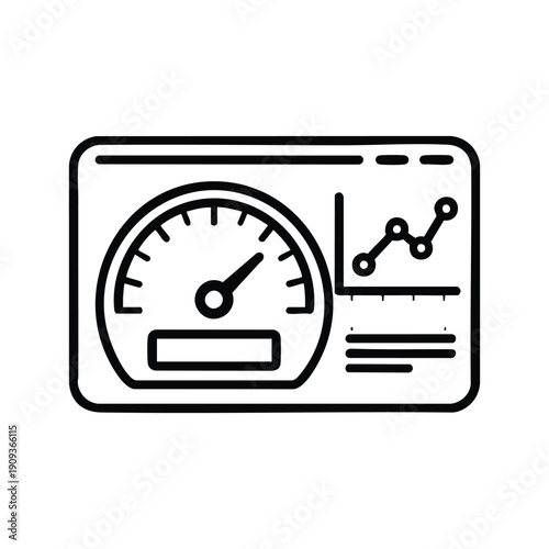 Black and white vector AI performance dashboard with speed gauge and analytics chart for programming interface