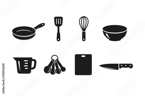 Silhouette icons of kitchen utensils: pan, spatula, whisk, bowl, measuring cup, spoons, cutting board, knife