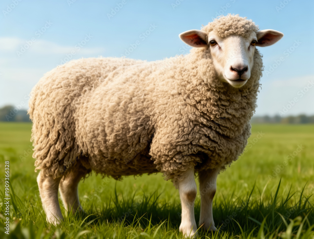 Fototapeta premium Fluffy White Sheep Standing in Lush Green Meadow Under Bright Blue Sky - Symbol of Rural Tranquility and Pastoral Peace