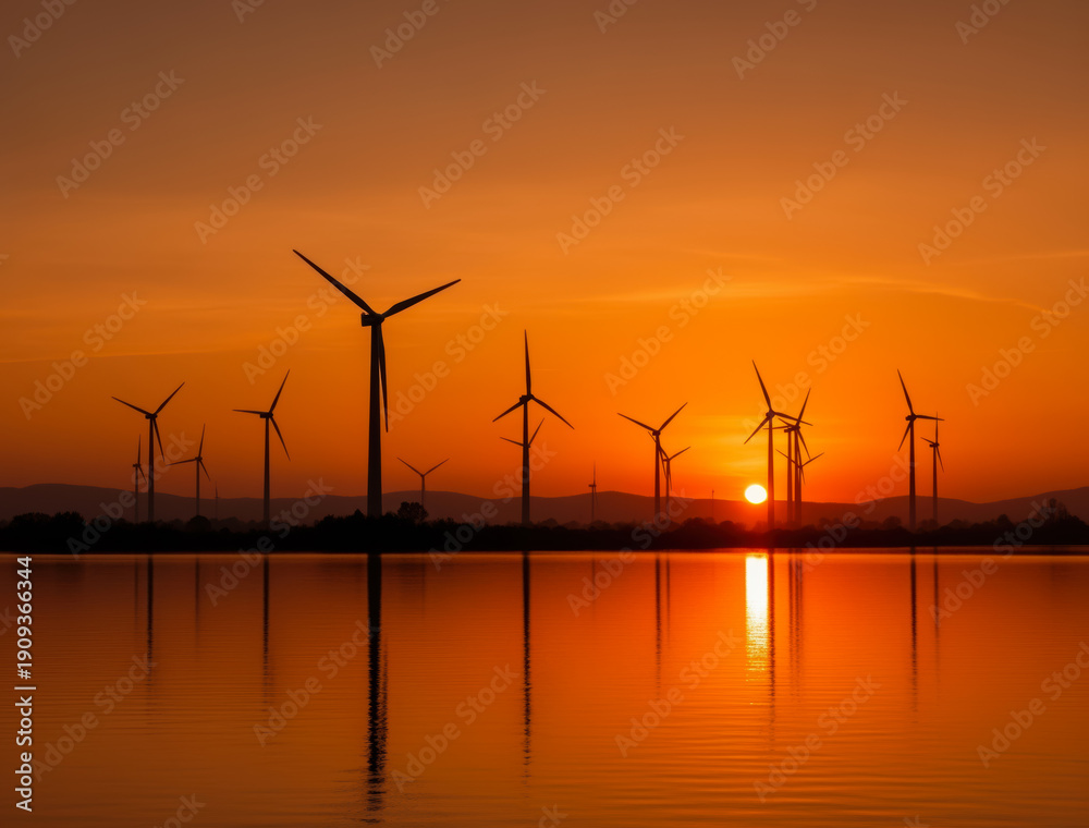 Obraz premium Sunset Silhouette of Wind Turbines Reflected in Calm Lake, Celebrating Renewable Energy Harmony and Tranquil Evening Serenity