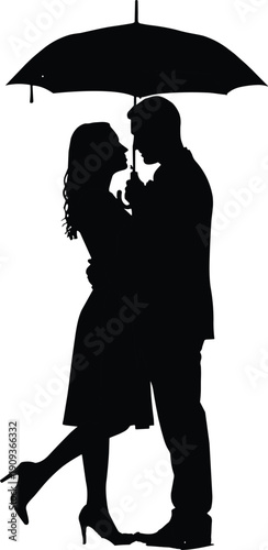 Couple Love Romance Umbrella Rain Silhouette Kiss Hug Relationship Valentine Dating Passion Intimacy Romantic People Together Shadow Vector Illustration