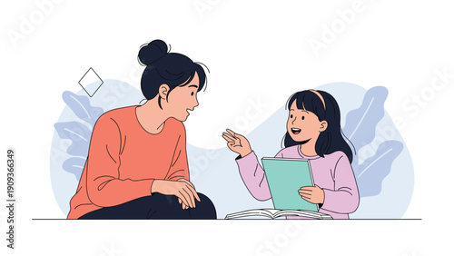 Young girl showing three fingers while talking to her mother during a book reading session in a bright home setting.
