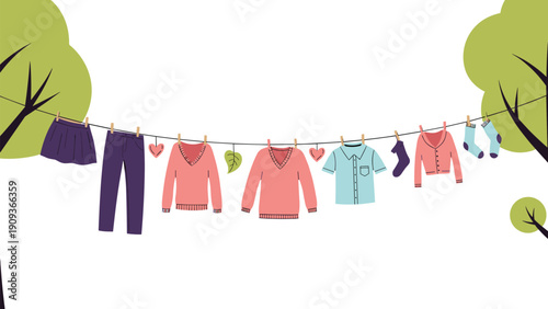 Summer laundry hanging on a clothesline between two large green trees under a clear white sky in a peaceful garden.