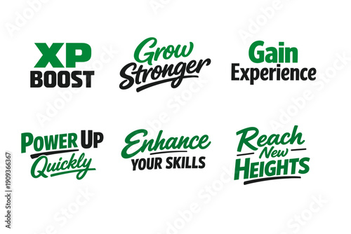 Game motivation phrases in bold green and black typography