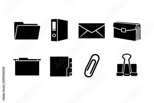 Set of office icons featuring folders, binder, envelope, briefcase, and clips
