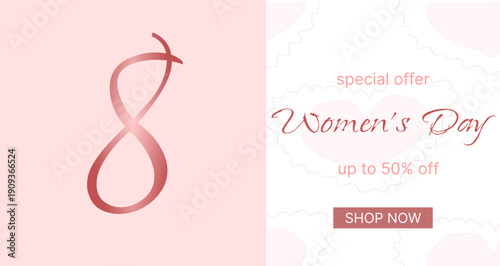 A spring-themed festive design for International Women's Day with a large 50% discount message. Suitable for online stores, advertising, promotions, marketing, and holiday sales.