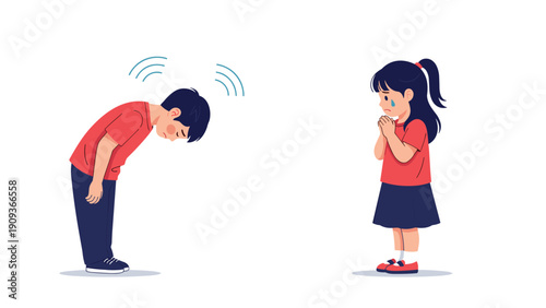 Young boy bowing down in apology to a sad crying girl wearing a red shirt and a dark skirt on a white background.