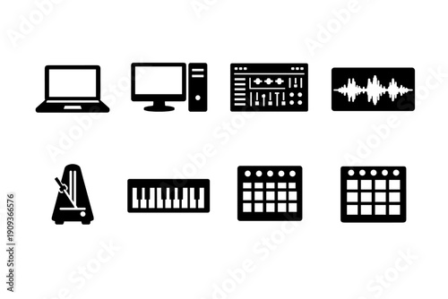 Black and white music and technology icons: laptop, computer, mixer, sound wave, metronome, keyboard, sampler