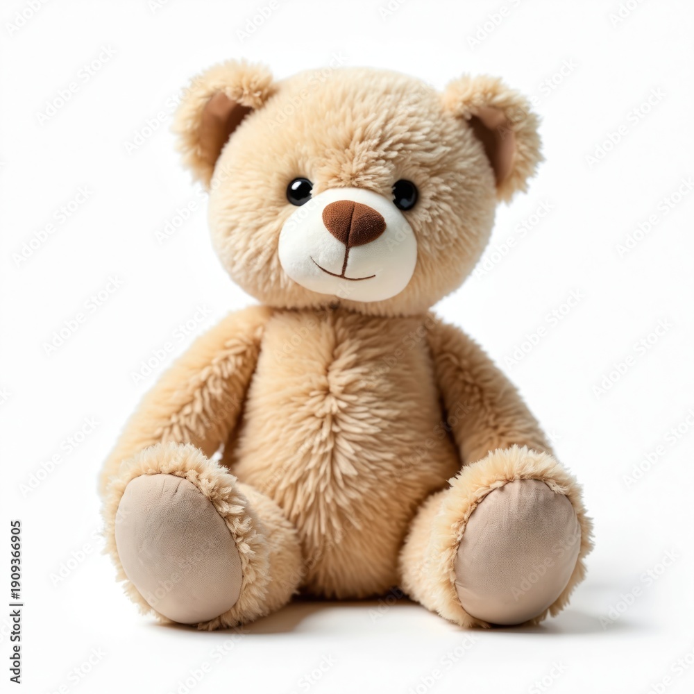 Obraz premium Soft beige teddy bear plush toy sits alone on white background. Cuddly stuffed animal for babies and toddlers. Nursery decor, baby shower gift.