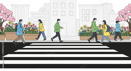 People crossing street, urban cityscape with blooming flowers, spring season illustration