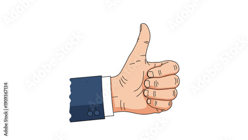 Hand of a person wearing a formal blue business suit giving a thumbs up gesture against a plain white background.