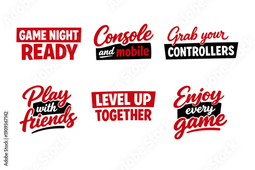 Gaming slogans typography: game night, console, controllers, friends, level up