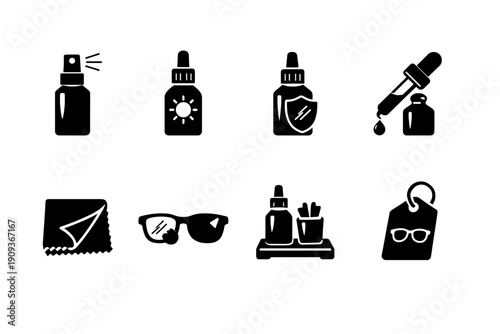 Skincare icons set featuring cosmetics and accessories for daily beauty routine