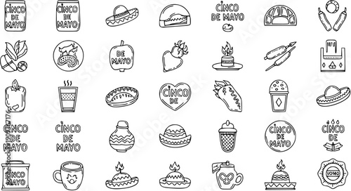 Hand-drawn Black and White Line Art Icons Set for Cinco de Mayo Celebration, Mexican Culture, and Festive Holiday Symbols