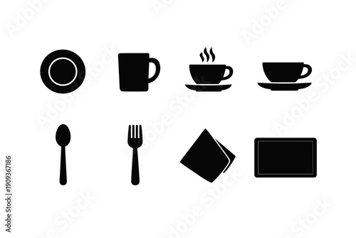 Set of black silhouette kitchen utensil icons: plates, cups, and cutlery