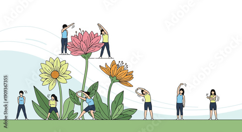People exercising among giant blooming flowers, spring wellness and healthy lifestyle