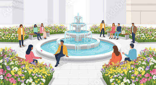 People relaxing by a tiered fountain in a blooming floral garden park