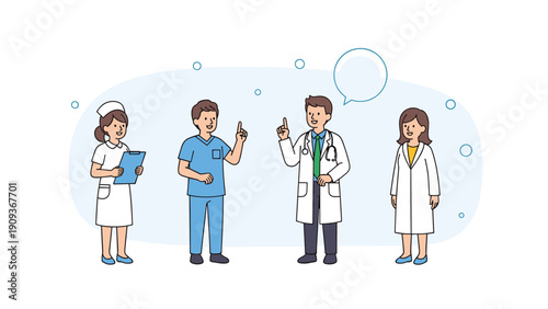 Group of diverse medical staff including doctors and a nurse standing together and talking in a professional setting.