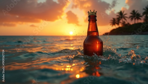 Amber bottle with crown cap floats in ocean waves at sunset. Tropical island coastline and palm trees form background. Sun sets over calm sea horizon with orange clouds.