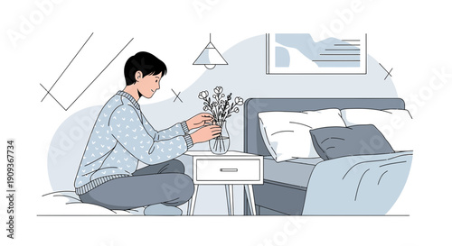 Person Arranges Flowers by Bedside Table in Minimalist Bedroom