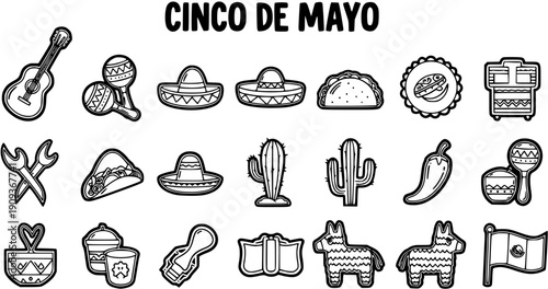 Black and White Line Art Icons of Cinco de Mayo symbols - Guitar, Tacos, Cacti, Pinata