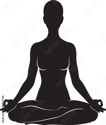 Vector illustration of a woman sitting in a lotus pose silhouette for yoga and zen meditation to promote health, balance, and relaxation