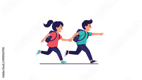 Two happy children with school backpacks running together towards their school or home on a white background.