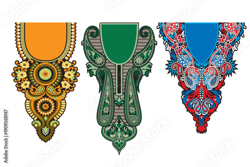 Set of 3 Decorative Neckline Embroidery Designs - Traditional Ethnic Paisley and Floral Neck Patterns for Kurti, Kameez, and Kaftan Vectors